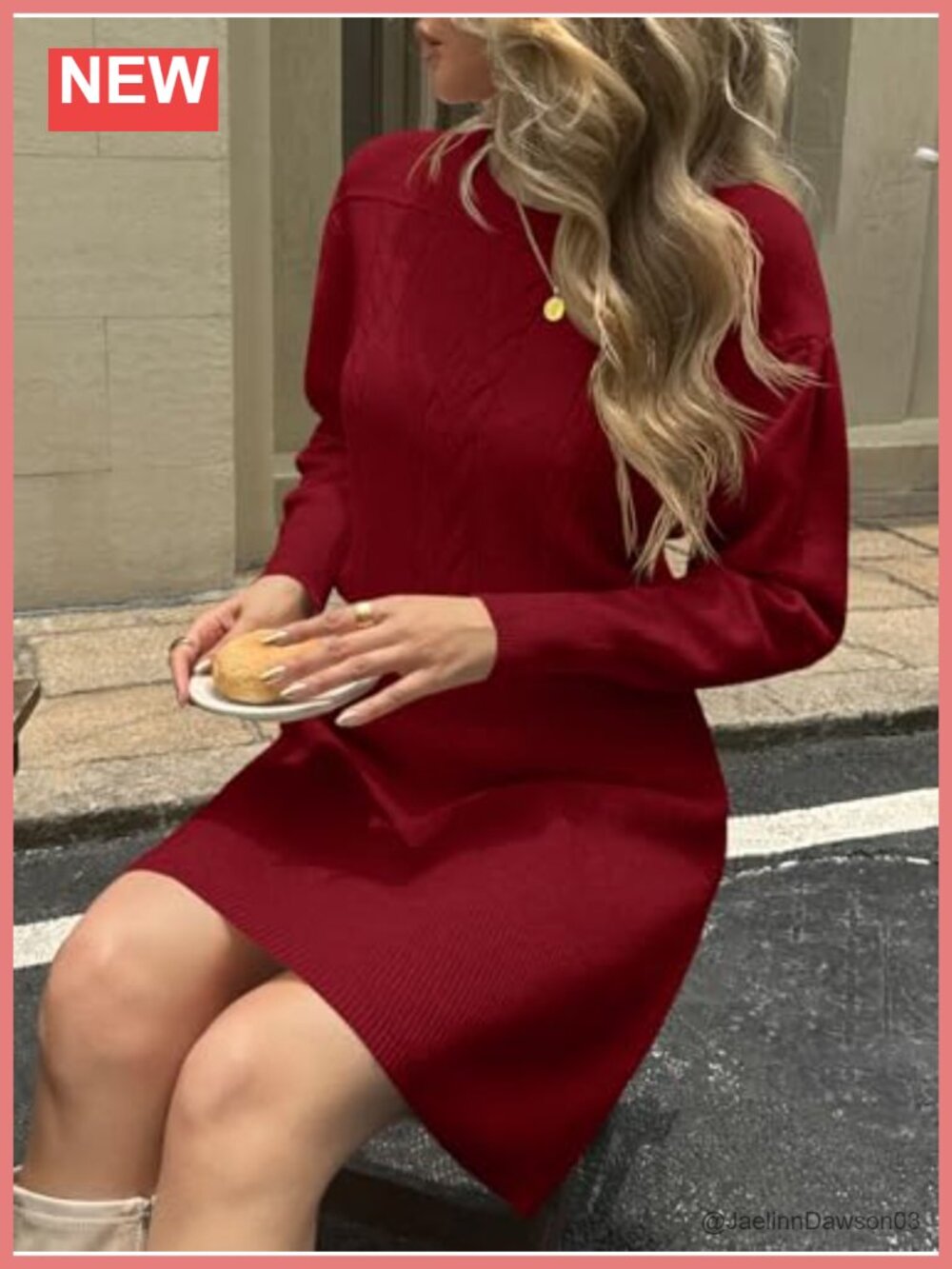 Puff Long Sleeve Sweater Dress Cable Knit A-Line Mini Fall Dress - Picture 3 of 6